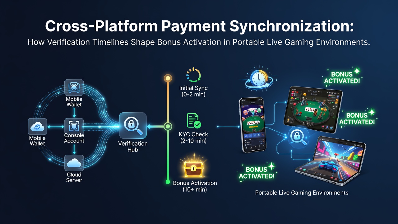 Illustratie van cross-platform betalingsstromen in mobiele live casino apps met verificatie iconen en bonus activering