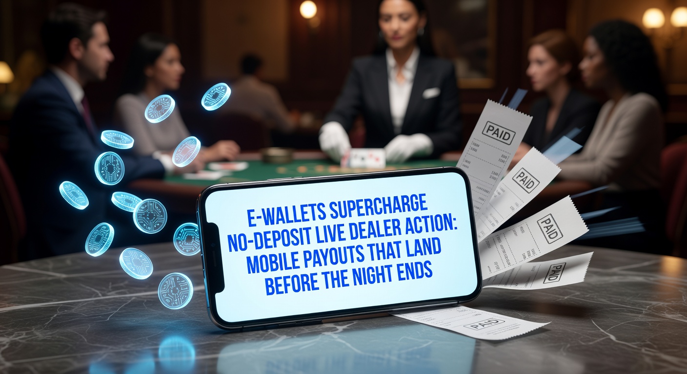 Schermafbeelding van een mobiele app met live dealer blackjack en e-wallet uitbetalingsknop, klaar voor snelle no-deposit actie