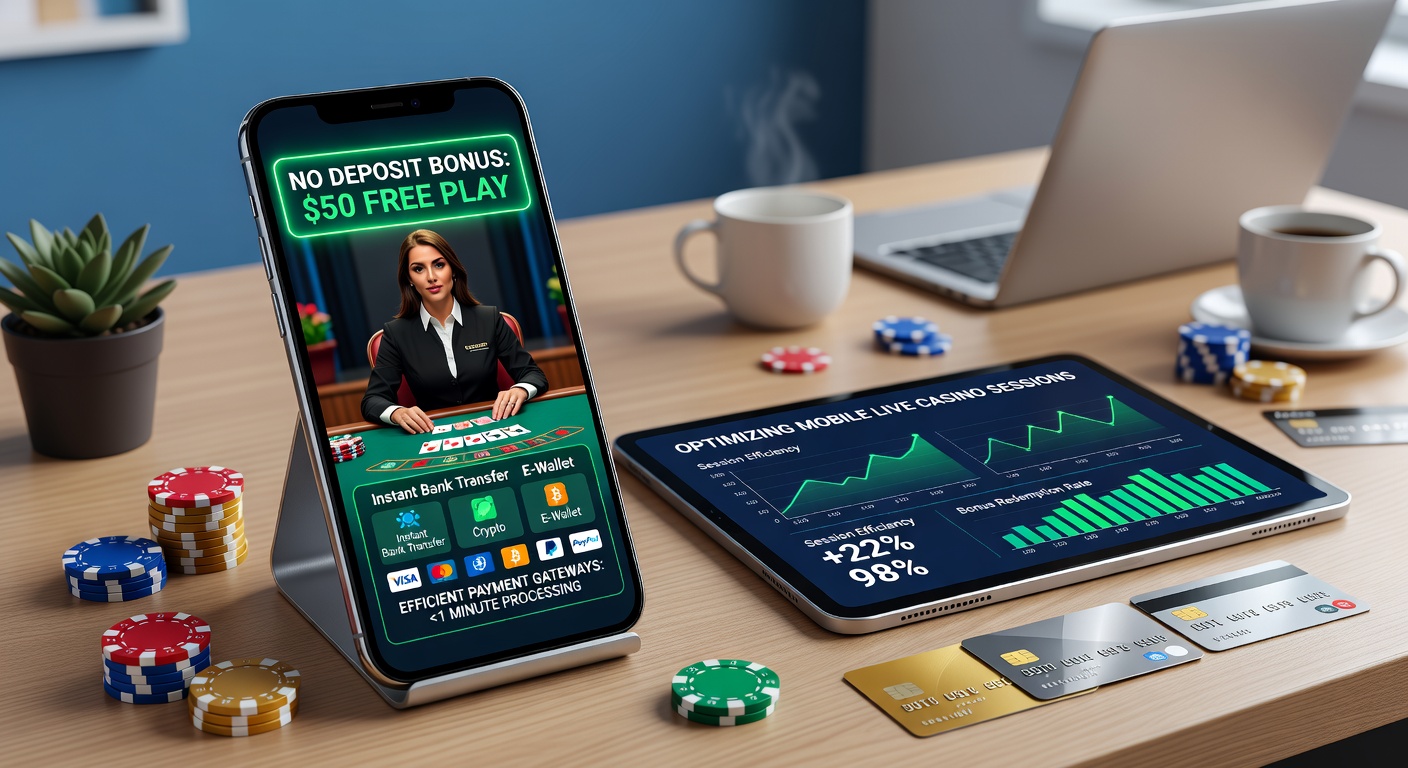 Smartphone met open live roulette spel, no deposit bonus geactiveerd en betaalpoort icoontjes voor directe transacties