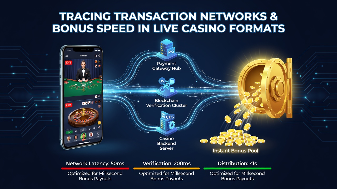 Diagram van transactienetwerken in mobiele live casino apps met pijlen die dataflows tonen tussen servers en gebruikersapparaten